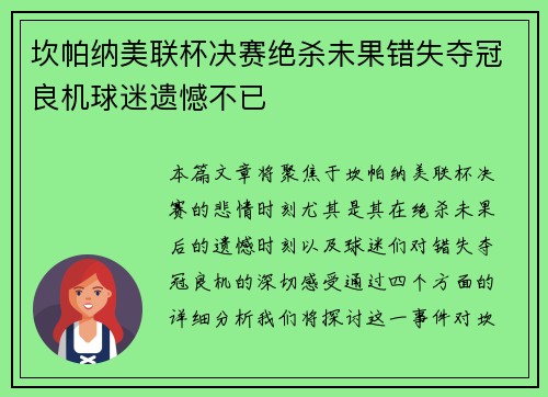 坎帕纳美联杯决赛绝杀未果错失夺冠良机球迷遗憾不已